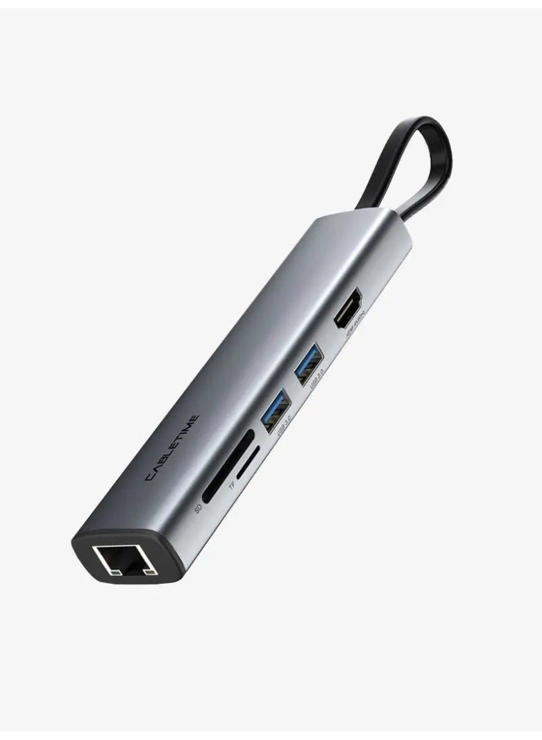 كابل تايم محول متعدد الاستخدامات 7 في 1: منفذ USB-C إلى منفذي USB 3.0 + منفذ HDMI يدعم دقة 4K بمعدل 60 هرتز + شحن سريع بقدرة 100 واط + منفذ بطاقة SD/TF 3.0 - Image 1